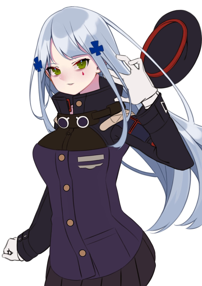 1girl beret black_headwear black_skirt blue_jacket breasts commentary_request cross cross_hair_ornament e_draw_paint girls'_frontline gloves green_eyes grey_hair hair_ornament hat hat_removed headwear_removed highres hk416_(girls'_frontline) iron_cross jacket long_hair long_sleeves looking_at_viewer parted_lips simple_background skirt smile solo teardrop_facial_mark very_long_hair white_background white_gloves
