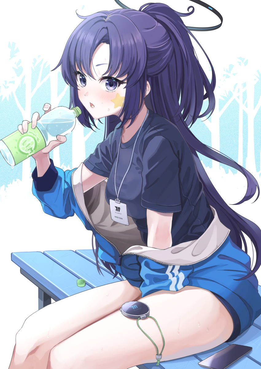 1girl bare_legs black_shirt blue_archive blue_jacket blush bottle breasts facepaint feet_out_of_frame half_updo halo highres holding holding_bottle jacket lanyard looking_at_viewer medium_breasts official_alternate_costume ponytail purple_eyes purple_hair shirousagi_una shirt sitting solo star_(symbol) stopwatch sweat track_jacket yuuka_(blue_archive) yuuka_(track)_(blue_archive)