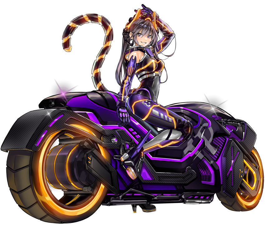 1girl anonymous_(yu-gi-oh!) biker_clothes bikesuit black_bodysuit bodysuit breasts brown_eyes brown_hair cat_mask cleavage duel_monster full_body gloves highres i:p_masquerena large_breasts long_hair looking_at_viewer mask motor_vehicle motorcycle official_art on_motorcycle purple_gloves racing_suit sidelocks skin_tight smile solo tail third-party_source tight_clothes transparent_background twintails yu-gi-oh! yu-gi-oh!_master_duel