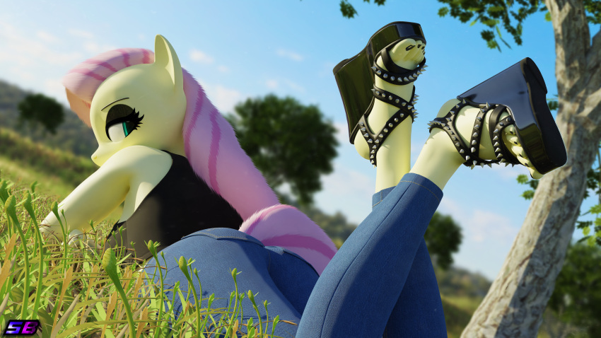 3d_(artwork) 5_toes absurd_res anthro bottomwear clothing crossed_ankles denim denim_bottomwear denim_clothing digital_media_(artwork) equid equine feet female fluttershy_(mlp) footwear friendship_is_magic hasbro hi_res high_heels humanoid_feet jeans looking_back lying mammal my_little_pony on_front pants pegasus plantigrade shadowboltsfm shirt solo spiked_clothing spiked_footwear spikes toes topwear wedge_(footwear) wedge_sandals wings