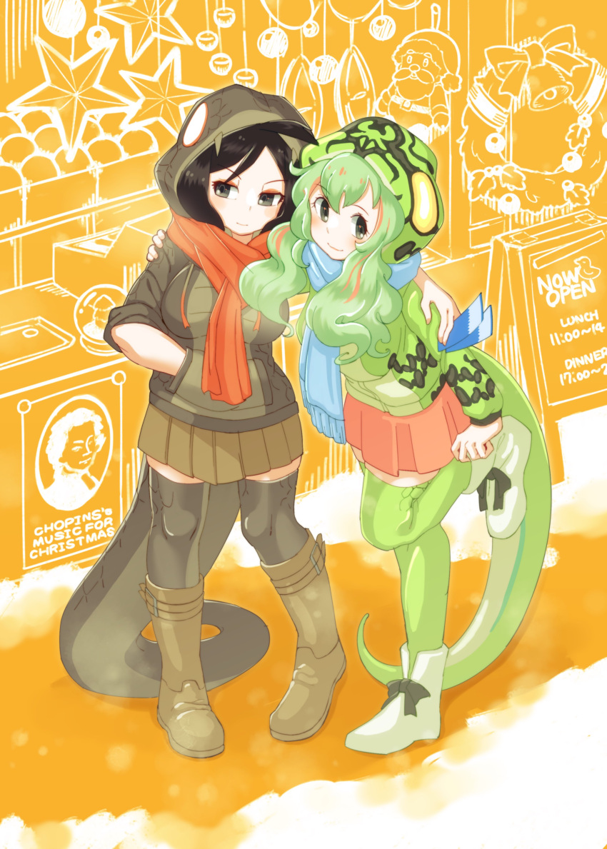 2girls absurdres black_hair black_mamba_(kemono_friends) black_thighhighs blue_scarf blush boomslang_(kemono_friends) boots brown_eyes brown_footwear brown_hoodie brown_skirt green_hair green_hoodie green_thighhighs highres hood hood_up hoodie kemono_friends knee_boots long_hair long_sleeves looking_at_viewer multiple_girls parsley_(simonov1941) pleated_skirt red_scarf red_skirt scarf short_hair skirt smile snake_girl snake_print snake_tail snow standing standing_on_one_leg tail thighhighs white_footwear zettai_ryouiki