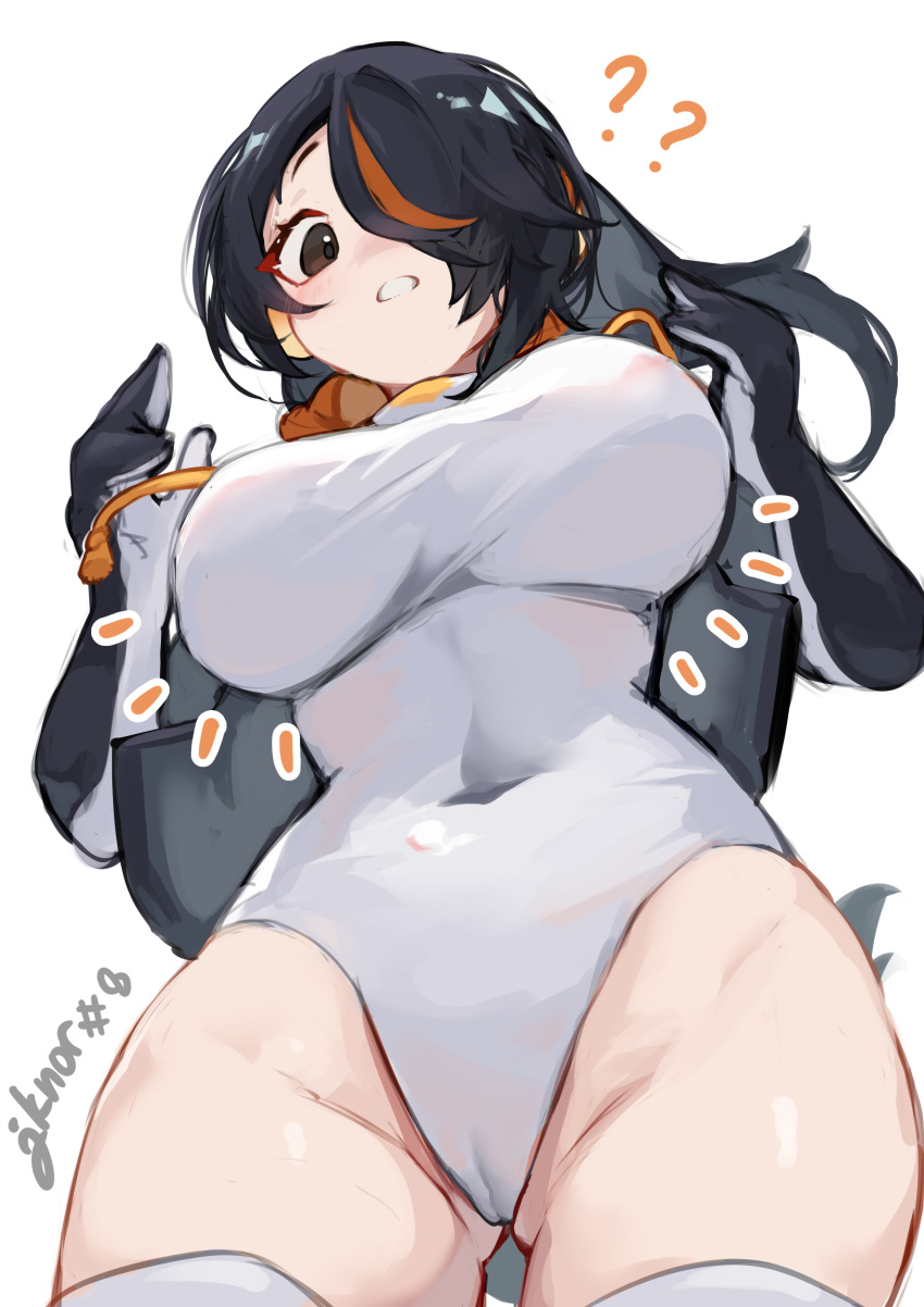 1girl ? ?? absurdres black_eyes black_hair blush breasts cameltoe covered_nipples curvy embarrassed emperor_penguin_(kemono_friends) from_below groin hair_over_one_eye headphones highleg highleg_leotard highres jacket kemono_friends large_breasts leg_grab leotard looking_at_viewer looking_down multicolored_hair noor7 open_clothes open_jacket orange_hair see-through see-through_leotard solo streaked_hair thighhighs white_leotard white_thighhighs