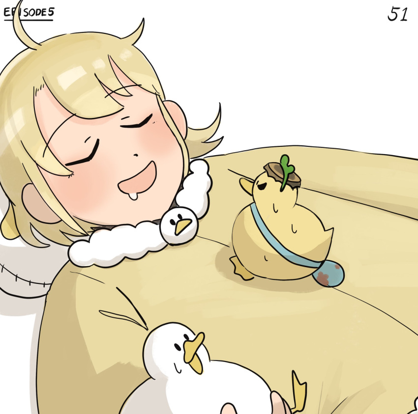 1girl bird blue_bag blush bottle_cap closed_eyes clumsy_nun_(diva) diva_(hyxpk) duck duckling english_commentary frog_headband fur-trimmed_pajamas highres little_nuns_(diva) lying numbered open_mouth page_number pajamas pillow simple_background sleeping smile white_background yellow_pajamas