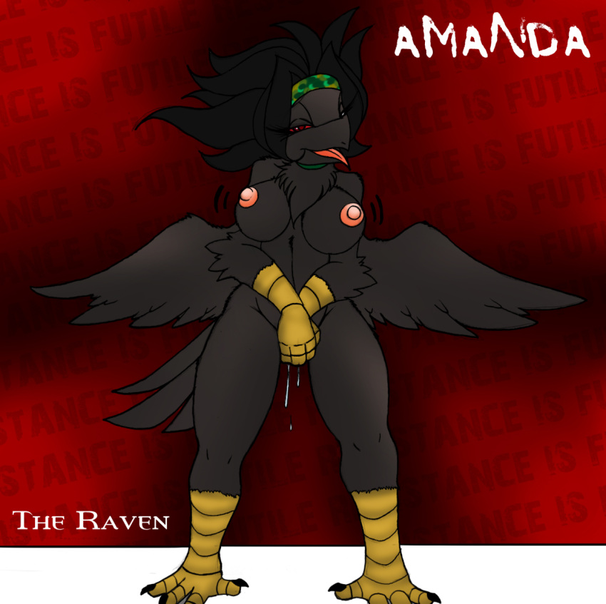 3_fingers 4_toes accessory after_transformation anthro aroused aroused_face aroused_smile avian avian_feet background_text beak bedroom_eyes big_breasts bird black_body black_feathers black_hair bodily_fluids bouncing_breasts breasts choker corruption corvid corvus_(genus) cowlick enjoying erect_nipples feather_tuft feathered_wings feathers feet female fingers genital_fluids grey_body grey_feathers hair headband hi_res ivanks jewelry long_hair looking_at_viewer masturbation moan narrowed_eyes necklace nipples non-mammal_breasts nude one_eye_closed open_mouth oscine passerine pussy_juice raven red_background red_eyes red_sclera seductive simple_background solo species_transformation standing talon_hands text toes tongue tongue_out transformation tuft wings wink