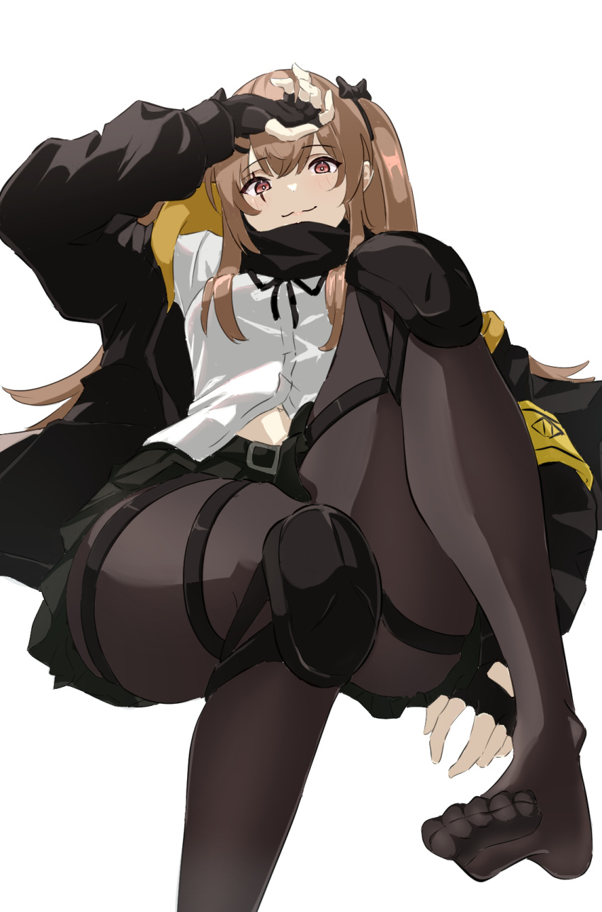 1girl 404_logo_(girls'_frontline) :3 black_gloves black_jacket black_pantyhose black_ribbon black_skirt breasts brown_hair closed_mouth commentary english_commentary feet fingerless_gloves foot_out_of_frame from_below girls'_frontline gloves hair_between_eyes hair_ornament hair_ribbon hairclip hand_on_own_forehead highres jacket knee_pads light_blush long_hair looking_at_viewer medium_breasts midriff_peek mutugorou_u navel neck_ribbon no_shoes open_hand pantyhose pleated_skirt red_eyes ribbon scar scar_across_eye scar_on_face shirt simple_background skirt smile solo toes twintails ump9_(girls'_frontline) white_background white_shirt yellow_armband