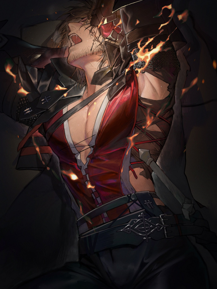 1boy black_cape black_hair blue_eyes cape clive_rosfield eboda-x facial_hair facial_tattoo final_fantasy final_fantasy_xvi gloves headache highres leather_vest mustache_stubble red_robe robe tattoo