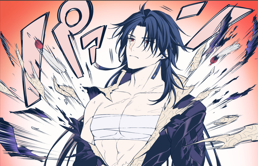 1boy bandages black_shirt blade_(honkai:_star_rail) blue_hair closed_mouth collarbone collared_shirt dark_blue_hair earrings feathers gradient_background hair_over_one_eye highres honkai:_star_rail honkai_(series) jewelry long_hair long_sleeves looking_to_the_side male_focus matsuki_tou open_clothes open_shirt red_background red_eyes sarashi shirt simple_background single_bare_shoulder single_earring solo standing torn_clothes v-shaped_eyebrows white_background