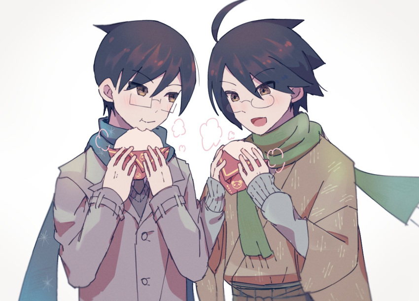 2boys baozi black_hair blue_scarf brown_eyes brown_jacket brown_kimono brown_necktie brown_shirt eating food glasses green_scarf itoshiki_mikoto itoshiki_nozomu jacket japanese_clothes kimono multiple_boys necktie sayonara_zetsubou_sensei scarf shirt smile tomato_ebichiri white_background