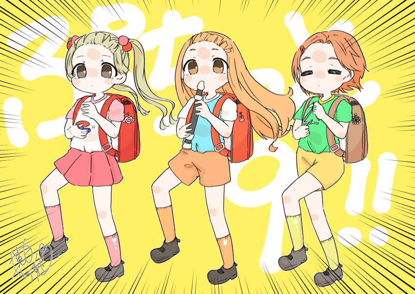 3girls backpack bag castanets emphasis_lines floating_hair forehead full_body highres ichihara_nina idolmaster idolmaster_cinderella_girls instrument kyoufuu_all_back_(vocaloid) mo_chito27 multiple_girls music parody playing_instrument randoseru recorder ryuzaki_kaoru simple_background style_parody triangle_(instrument) yellow_background yokoyama_chika