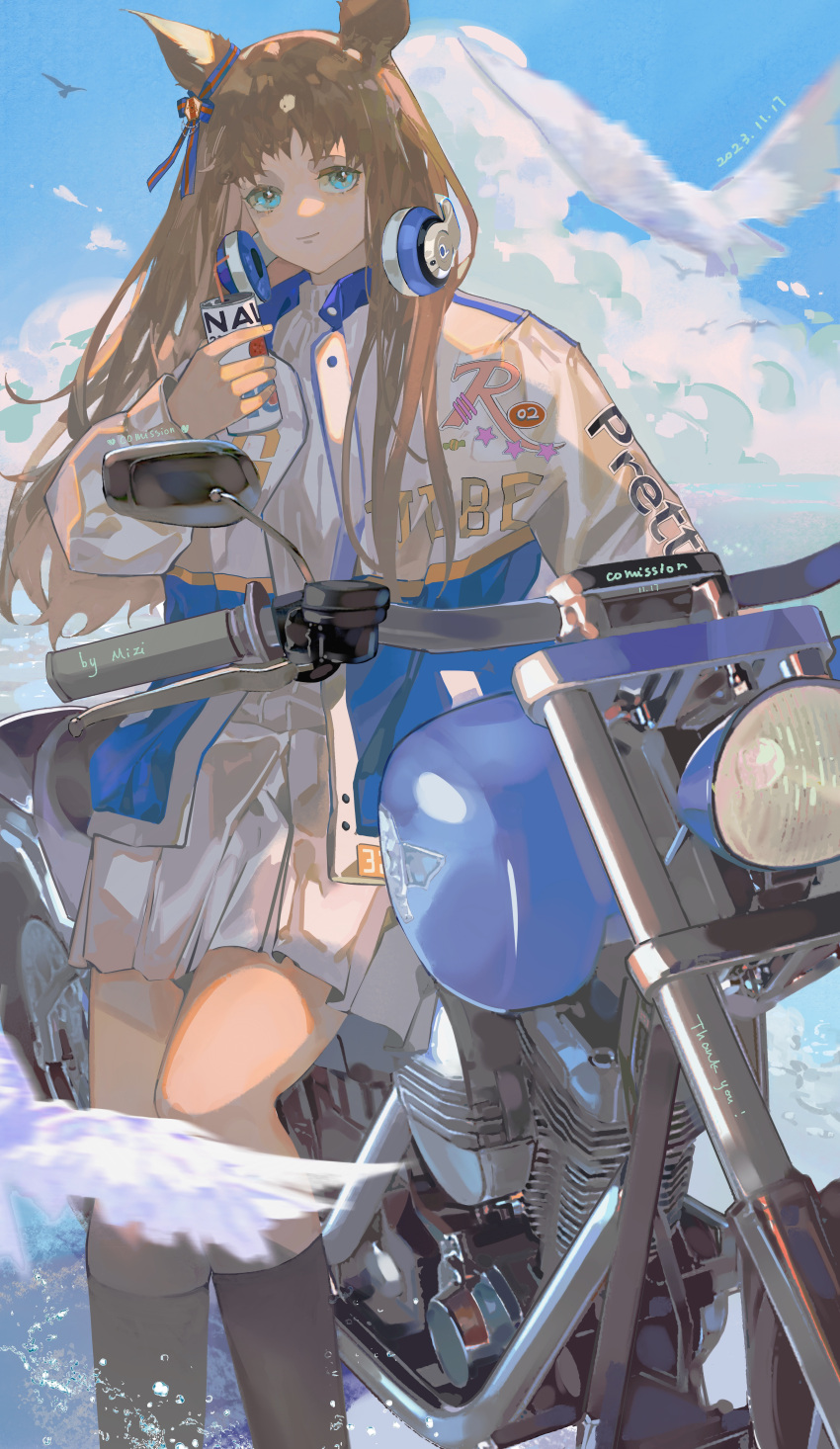 1girl absurdres animal_ears blue_eyes blue_sky boots brown_footwear brown_hair can cloud cloudy_sky commission feet_out_of_frame grass_wonder_(umamusume) headphones headphones_around_neck highres holding holding_can horse_ears horse_girl horse_tail jacket jiaotang_xiaodoudou leaning_against_motorcycle long_sleeves motor_vehicle motorcycle ocean open_clothes open_jacket pleated_skirt skirt sky smile solo tail umamusume white_skirt