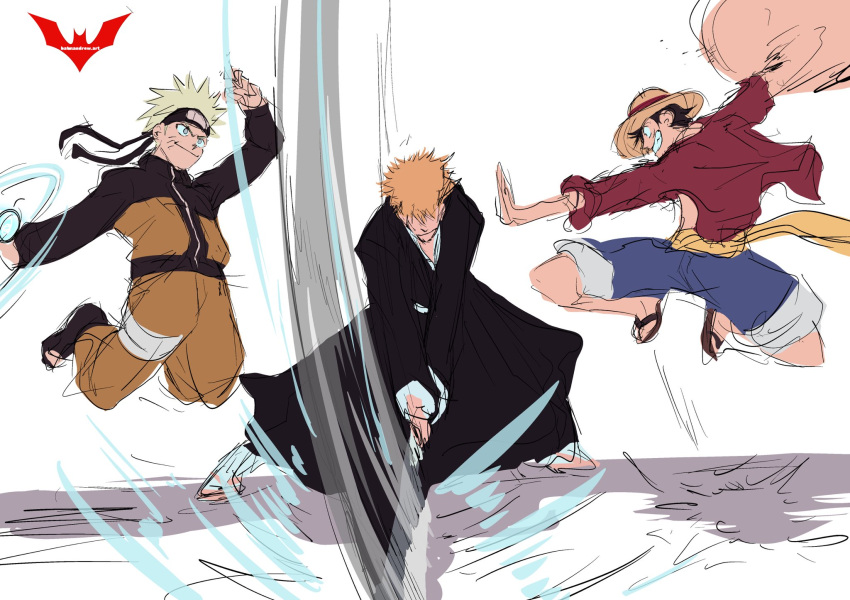 batm_andrew battle black_hair bleach blonde_hair blue_eyes curly_eyebrows facial_mark fighting forehead_protector grin hat highres holding holding_sword holding_weapon japanese_clothes konohagakure_symbol kurosaki_ichigo long_sleeves male_focus monkey_d._luffy naruto naruto_(series) naruto_shippuuden ninja one_piece orange_hair orange_pants pants rasengan shikai shinigami short_hair shorts shounen_jump smile spiked_hair straw_hat straw_hat_pirates stretched_limb sword uzumaki_naruto weapon whisker_markings wide_sleeves zangetsu_(shikai)