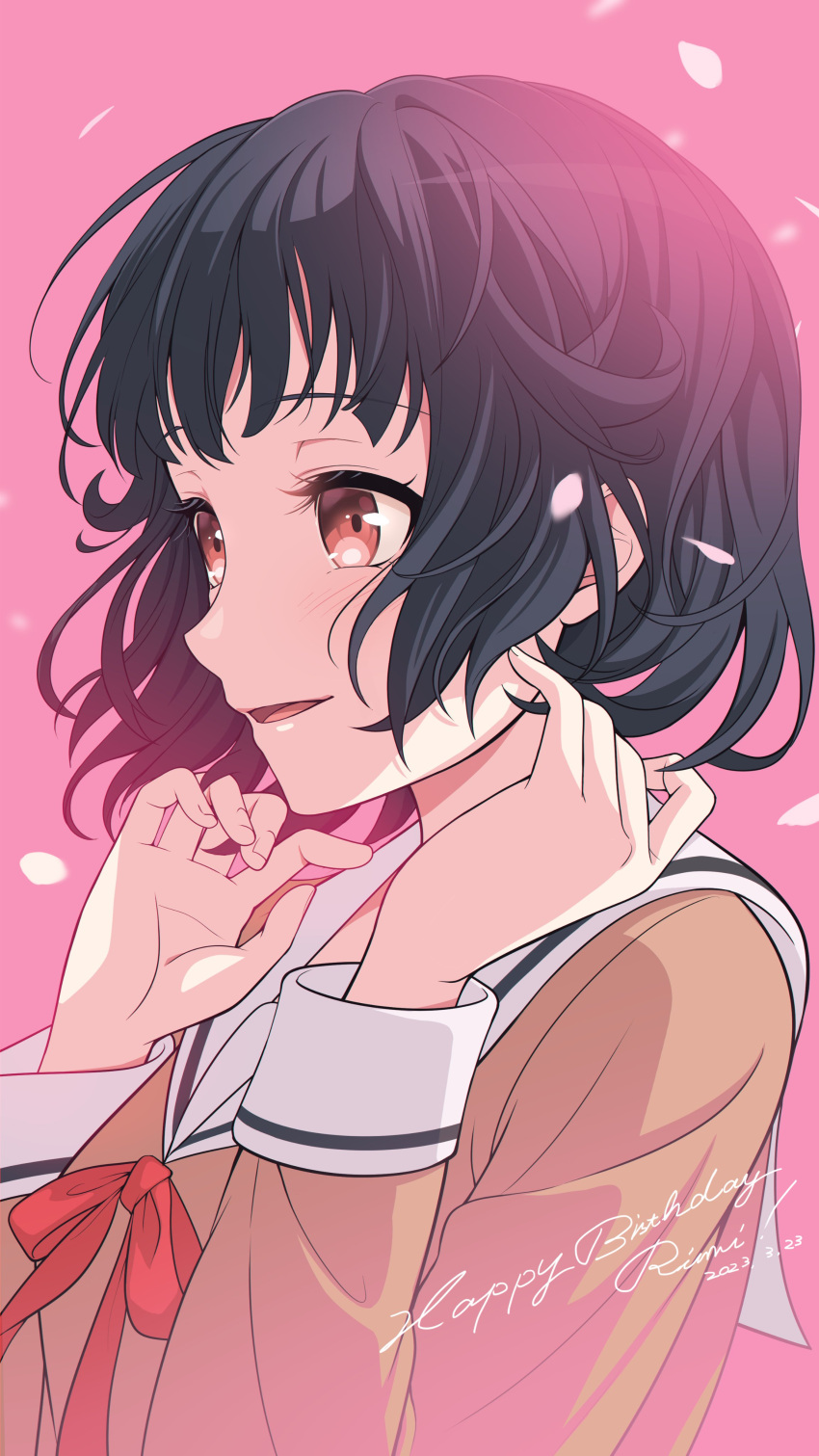 1girl absurdres bang_dream! black_hair brown_eyes brown_shirt character_name commentary dated falling_petals from_side hanasakigawa_school_uniform hands_up happy_birthday highres light_blush long_sleeves looking_away neck_ribbon nobusawa_osamu parted_lips petals pink_background red_ribbon ribbon sailor_collar school_uniform serafuku shirt short_hair simple_background smile solo upper_body ushigome_rimi white_sailor_collar