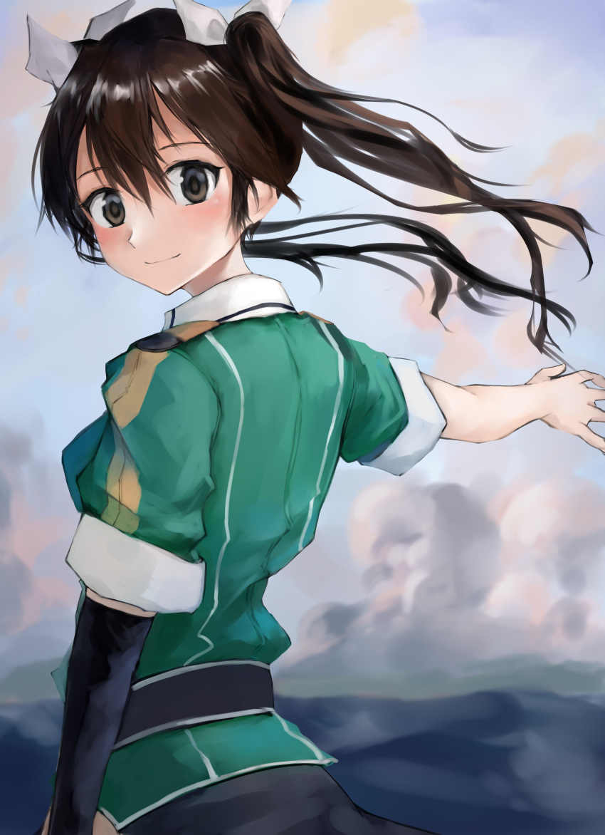 1girl 73suke absurdres black_eyes black_gloves black_hair commentary_request elbow_gloves from_behind gloves green_shirt highres kantai_collection looking_at_viewer looking_back military_uniform outstretched_arm ribbon shirt single_elbow_glove smile solo tone_(kancolle) tone_kai_ni_(kancolle) twintails uniform upper_body white_ribbon