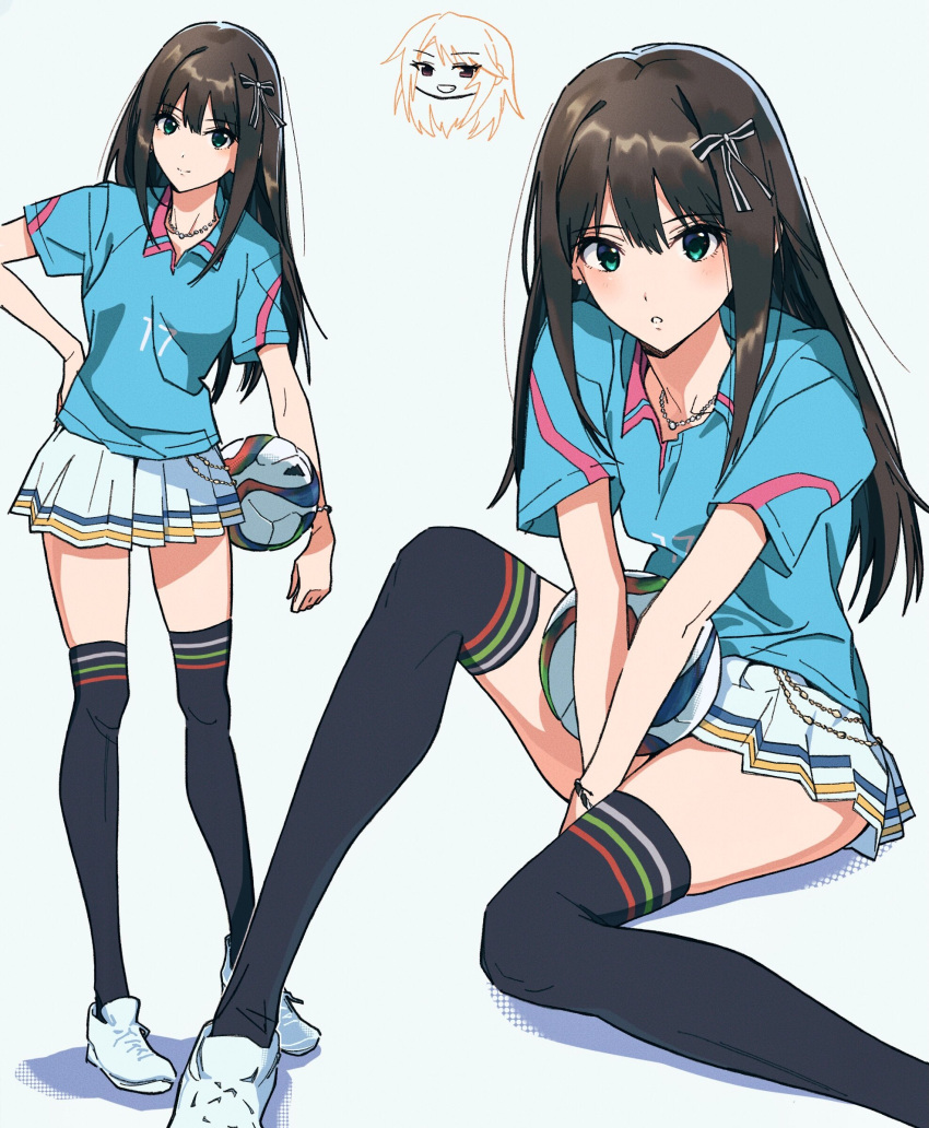 1girl aqua_shirt ball black_hair black_thighhighs bloom_into_me15 collared_shirt green_eyes hand_on_own_hip highres holding holding_ball idolmaster idolmaster_cinderella_girls jewelry long_hair looking_at_viewer multiple_views necklace open_mouth pleated_skirt shibuya_rin shirt shoes short_sleeves skirt smile soccer_ball soccer_uniform sportswear standing thighhighs white_footwear white_skirt