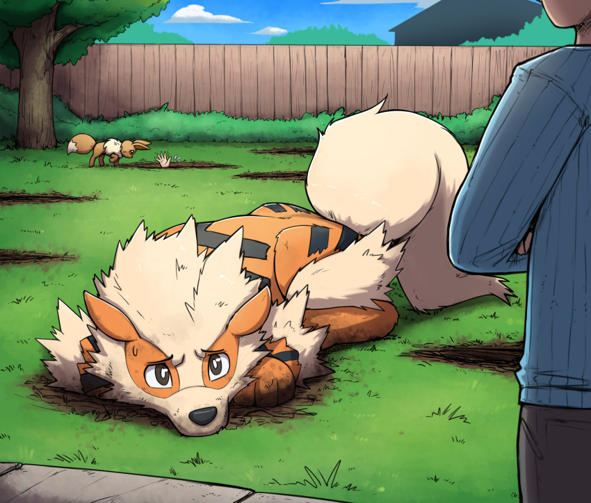 ambiguous_gender arcanine biped black_bottomwear black_clothing black_nose black_pants blue_clothing blue_shirt blue_topwear bodily_fluids bottomwear brown_body brown_eyes brown_fur clothing cloud crossed_arms day dipstick_tail dirt dirty eevee feral fluffy fluffy_tail fur generation_1_pokemon grass group hi_res hole_(pit) human looking_at_another lying mammal markings nintendo on_front orange_body orange_fur otakuap outside pants pattern_clothing pattern_shirt pattern_topwear plant pokemon pokemon_(species) quadruped shaded shirt shrub sky snout striped_body striped_clothing striped_fur striped_shirt striped_topwear stripes sweat tail tail_markings tan_body tan_fur topwear tree wood_fence