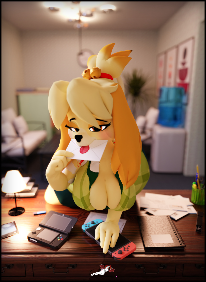 3d_(artwork) absurd_res animal_crossing anthro bedroom_eyes black_border blender_(software) blender_cycles border breasts canid canine cleavage clothed clothing desk digital_media_(artwork) envelope_in_mouth female first_person_view furniture hi_res isabelle_(animal_crossing) mammal narrowed_eyes nintendo nintendo_3ds nintendo_ds_family nintendo_switch office on_desk revealing_breasts secretary_outfit seductive smash_invitation solo table velvet_charm_(artist)