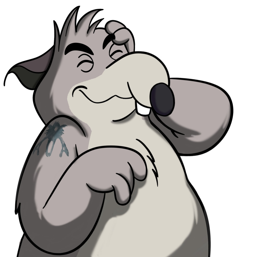 anthro belly black_nose brok_the_investigator eyes_closed generic_rat_(brok_the_investigator) grey_body hi_res hubie360 laugh male mammal murid murine official_art overweight overweight_male rat rodent simple_background solo tattoo white_background