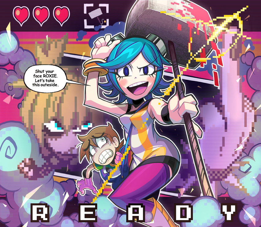 1boy 2girls black_wristband blood blood_on_weapon blue_bag blue_eyes brown_hair dress dust english_text eyelashes gashi-gashi glint gloves goggles goggles_on_head gold_bracelet heart highres holding holding_mallet mallet middle_finger multiple_girls pink_gloves pixels purple_thighhighs ramona_flowers roxanne_richter scott_pilgrim scott_pilgrim_(series) short_dress speech_bubble sweatdrop teeth thighhighs upper_teeth_only weapon white_dress white_footwear