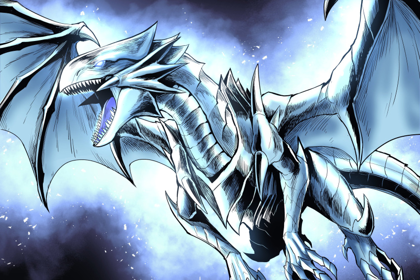 animal_focus aura blue-eyes_white_dragon blue_eyes blue_tongue claws colored_tongue dragon dragon_tail dragon_wings flying gegegekman glowing glowing_eyes highres monster_focus open_mouth scales sharp_teeth simple_background solo_focus spread_wings tail teeth western_dragon wings yu-gi-oh! yu-gi-oh!_duel_monsters