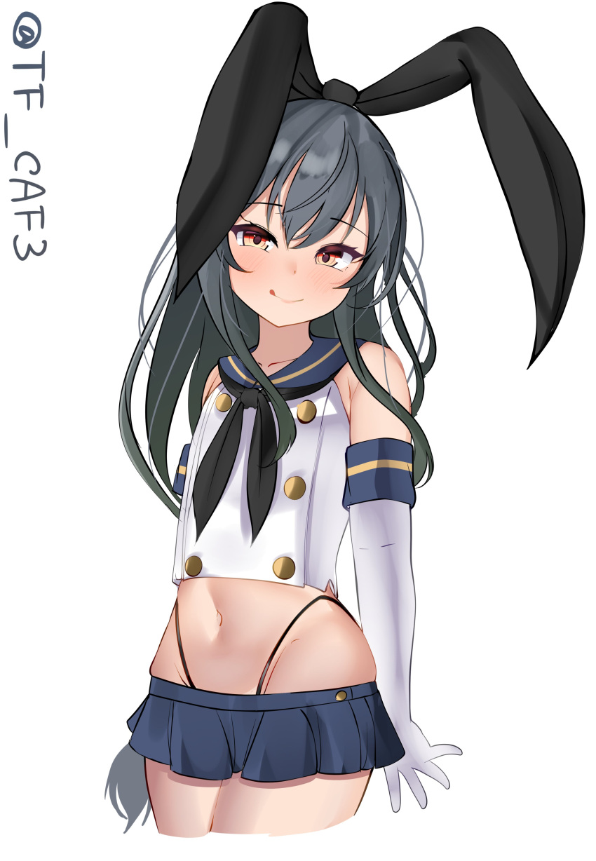 1girl absurdres black_hair black_hairband black_neckerchief black_panties blue_sailor_collar cosplay crop_top elbow_gloves gloves hairband hatsushimo_(kancolle) highleg highleg_panties highres kantai_collection long_hair looking_at_viewer microskirt miniskirt navel neckerchief one-hour_drawing_challenge panties red_eyes sailor_collar shimakaze_(kancolle) shimakaze_(kancolle)_(cosplay) shirt simple_background skirt sleeveless sleeveless_shirt solo tf_cafe tongue tongue_out twitter_username underwear white_background white_gloves white_shirt