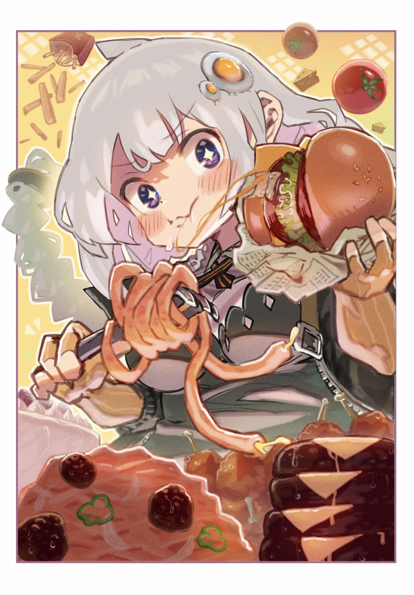 +_+ 1girl absurdres bad_anatomy bad_hands blue_eyes blush braid breasts burger cheese closed_mouth fingerless_gloves food food_focus french_fries gloves grey_hair hair_ornament hamburger_steak highres holding holding_food kizuna_akari large_breasts long_hair orange_gloves pasta siwasunohige solo tomato twin_braids voiceroid
