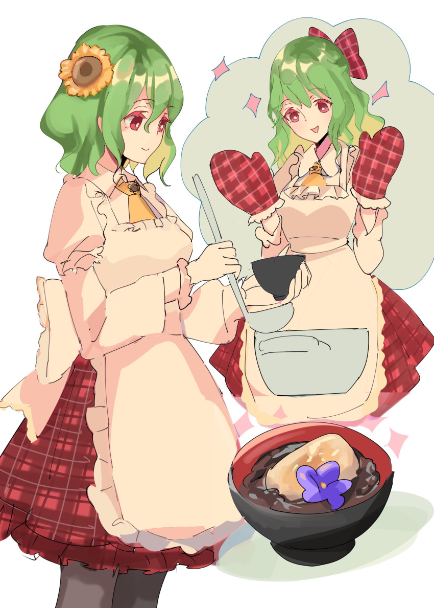 1girl absurdres apron ascot black_pantyhose bow bowl commentary_request flower food frilled_apron frills green_hair hair_bow hair_flower hair_ornament highres holding holding_bowl holding_ladle kazami_yuuka ladle long_sleeves mittens oven_mitts pantyhose plaid plaid_mittens plaid_skirt red_eyes red_skirt shirt shiruko_(food) short_hair skirt smile sunflower tohoyuukarin touhou white_apron white_background white_shirt yellow_ascot