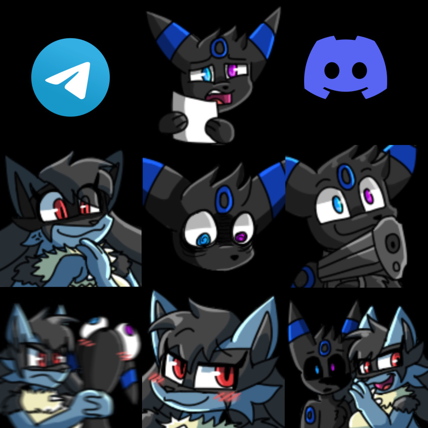 absurd_res anthro asphyxiation blush choking confusion conniethewolf discord_(app) duo eeveelution female feral generation_2_pokemon generation_4_pokemon gun hi_res humor lucario male meme milla_noura nintendo pokemon pokemon_(species) ranged_weapon scary_face smug_face supreme_noura telegram_sticker umbreon weapon