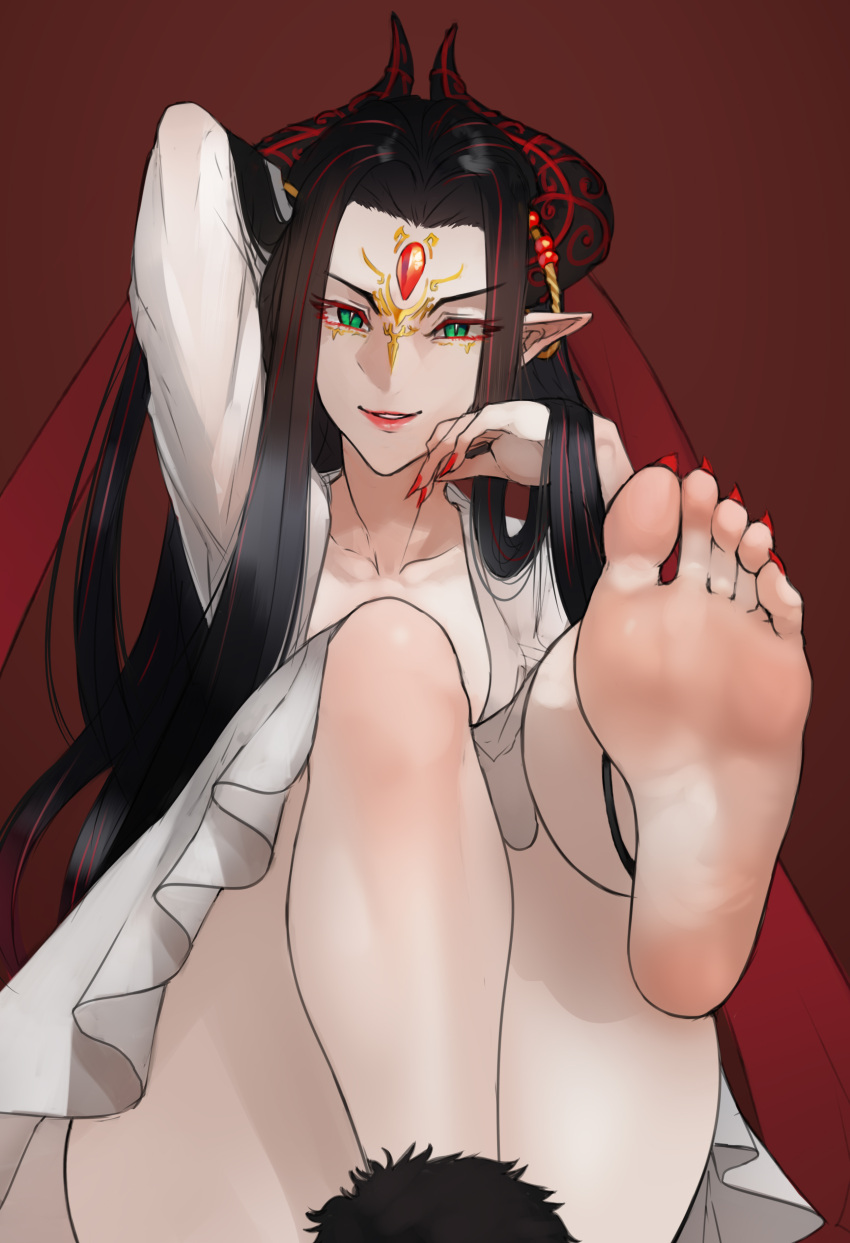 absurd_res black_hair black_horn clothing colored_nails dress eyelashes feet female foot_focus forehead_gem hair hi_res horn horned_humanoid humanoid humanoid_pointy_ears long_hair looking_at_viewer nails red_background red_nails scas simple_background smile solo tan_body tan_skin thick_thighs thunderbolt_fantasy white_clothing white_dress wide_hips xing_hai