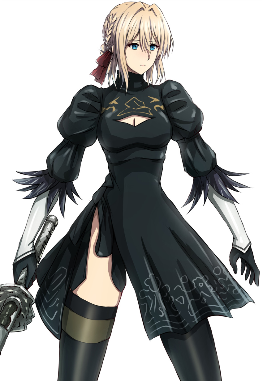 1girl black_dress black_gloves black_thighhighs blonde_hair blue_eyes braid breasts cleavage_cutout closed_mouth clothing_cutout commentary_request cosplay dress gloves hair_ribbon highres holding holding_sword holding_weapon ishikawa_yui looking_away medium_breasts nier:automata nier_(series) omachi_(slabco) red_ribbon ribbon short_hair simple_background solo sword thighhighs thighs violet_evergarden violet_evergarden_(series) voice_actor_connection weapon white_background yorha_no._2_type_b yorha_no._2_type_b_(cosplay) zettai_ryouiki