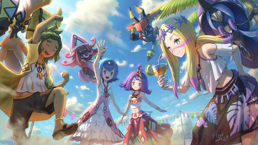 1boy 3girls acerola_(pokemon) blonde_hair blue_hair blue_sky dark-skinned_male dark_skin dress hau_(pokemon) hau_(sygna_suit)_(pokemon) highres ho-oh_(artist) lana_(pokemon) long_skirt midriff mina_(pokemon) mina_(sygna_suit)_(pokemon) multiple_girls navel official_alternate_costume palm_tree pokemon pokemon_(creature) pokemon_(game) pokemon_masters_ex pokemon_sm purple_hair sandals shorts skirt sky smile tapu_bulu tapu_fini tapu_koko tapu_lele tree