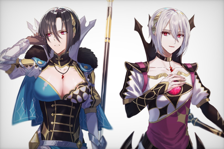 1boy 1girl armored_collar asymmetrical_bangs asymmetrical_clothes black_hair blue_cape breasts brother_and_sister brown_gloves cape cleavage cleavage_cutout clothing_cutout color_contrast commentary_request corset dragonstone fire_emblem fire_emblem_engage fur-trimmed_cape fur_trim gloves hair_between_eyes hair_ornament hand_up high_collar highres jewelry juliet_sleeves large_breasts long_sleeves nel_(fire_emblem) nil_(fire_emblem) puffy_sleeves red_eyes short_hair siblings sidelocks simple_background smile tomo_shirasu twins upper_body white_background white_hair