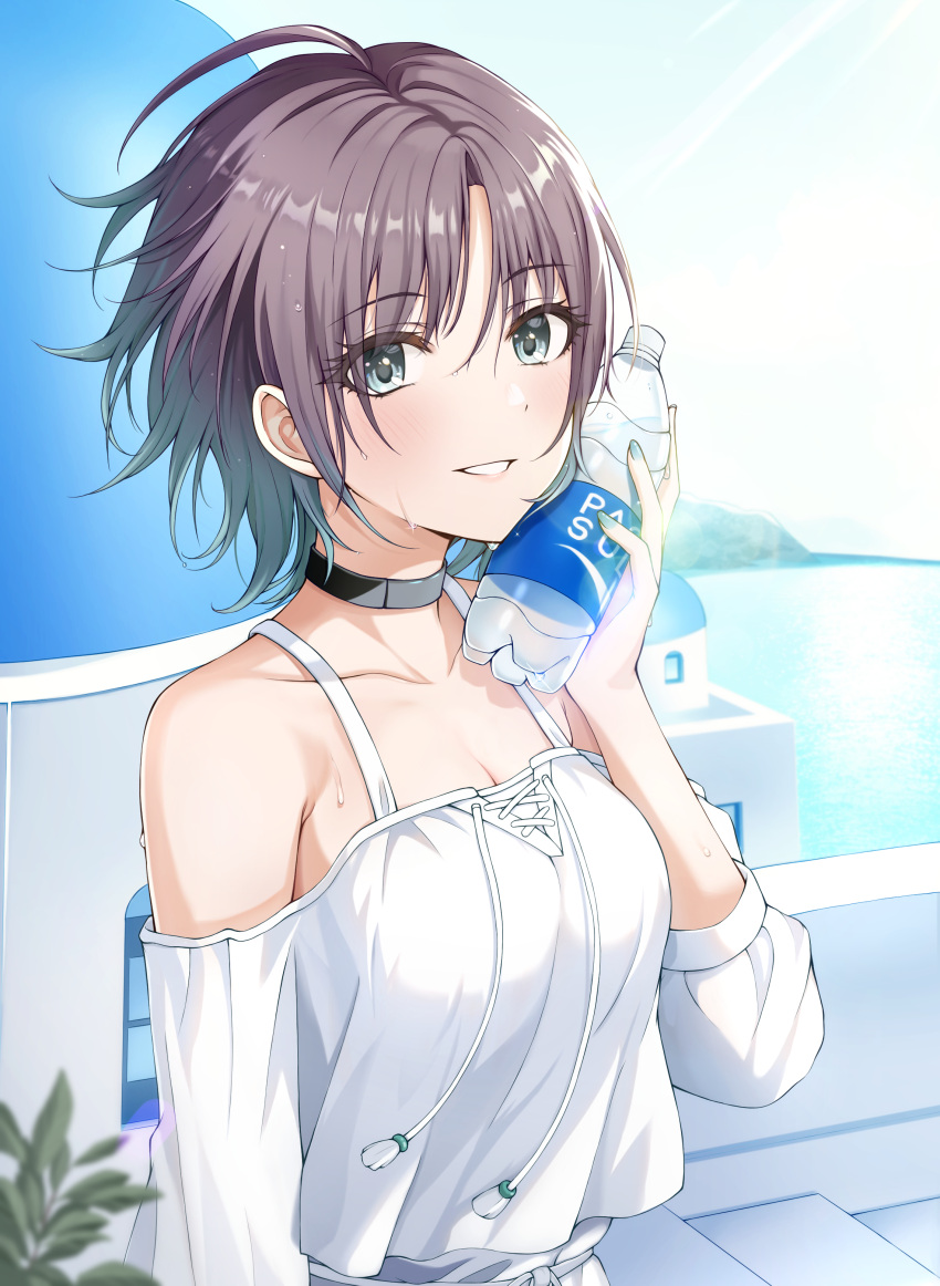 1girl absurdres ahoge asakura_toru black_choker blush bottle breasts choker cleavage collarbone highres holding holding_bottle idolmaster idolmaster_shiny_colors looking_at_viewer medium_breasts nail_polish off-shoulder_shirt off_shoulder outdoors pocari_sweat santorini_(greece) shirt short_hair solo sorugi_park sweatdrop white_shirt