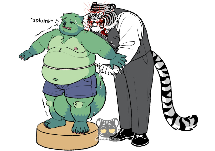 2023 alpha_channel anthro athletic athletic_male duo english_text felid fred_(fredrick_brennan) fur green_body green_fur hi_res humanoid maaudaan_tg male male/male mammal obese obese_male overweight overweight_male pantherine pedestal procyonid raccoon simple_background snow_leopard squeezing_belly tailor tailoring tape_measure text tight_fit transparent_background watermark