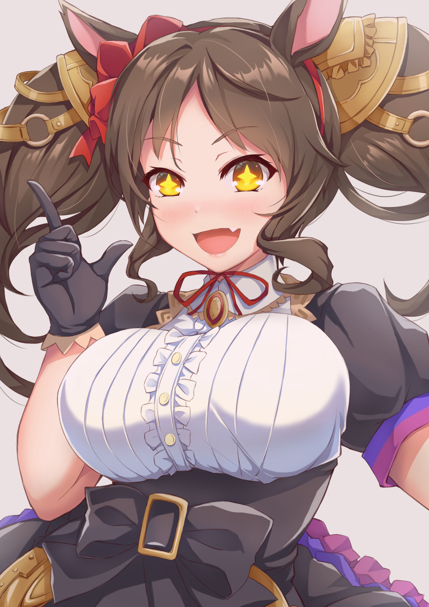 +_+ 1girl :d absurdres animal_ears black_gloves blush breasts brown_hair center_frills fang frills gloves highres horse_ears horse_girl index_finger_raised kazetuki_hajime large_breasts long_hair marvelous_sunday_(umamusume) open_mouth oppai_loli orange_eyes puffy_short_sleeves puffy_sleeves saddle_hair_ornament short_sleeves skin_fang smile solo twintails umamusume upper_body