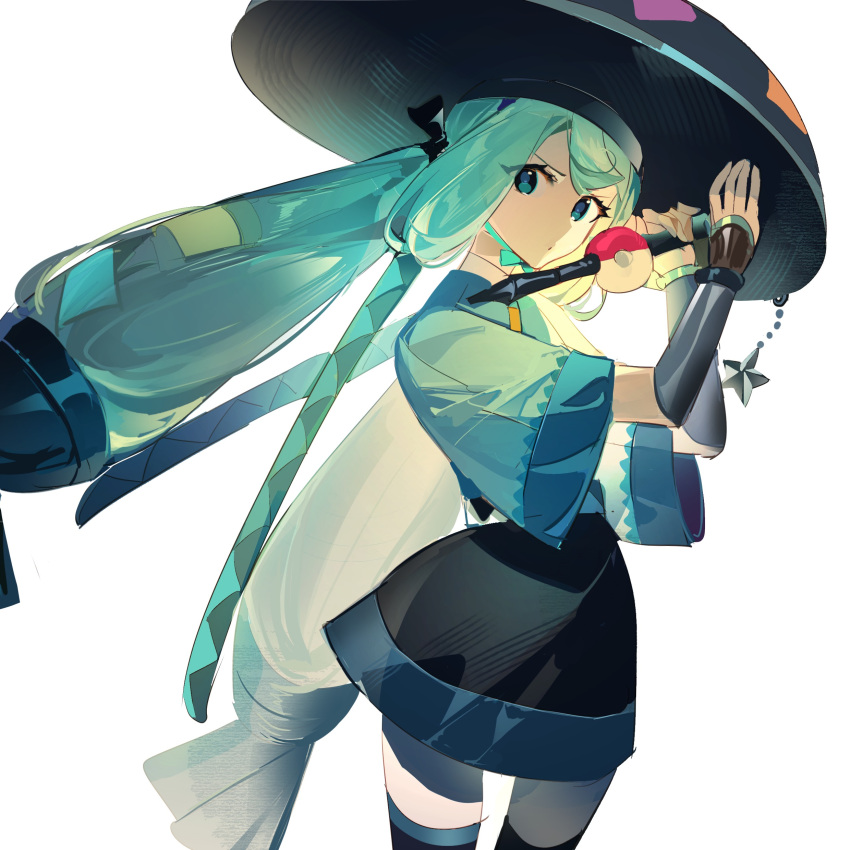 1girl absurdres aqua_hair black_thighhighs blue_eyes ershuihe flute hat hatsune_miku highres holding holding_instrument instrument japanese_clothes long_hair looking_at_viewer poke_flute pokemon project_voltage sandogasa simple_background skirt solo star_(symbol) steel_miku_(project_voltage) thighhighs twintails very_long_hair vocaloid white_background wide_sleeves