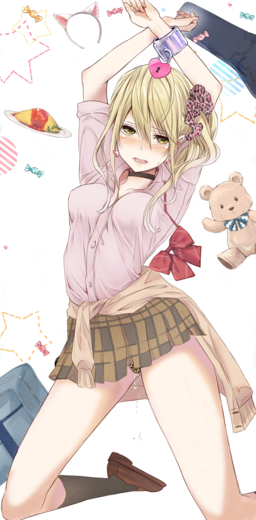 aihara_academy_school_uniform aihara_yuzu blonde_hair blush bow breasts citrus_(saburouta) clothes_around_waist earrings gangshangguang_(smjy5842) green_eyes gyaru highres jewelry long_hair medium_breasts open_mouth pink_shirt pussy_juice school_uniform shirt skirt sweater sweater_around_waist uniform