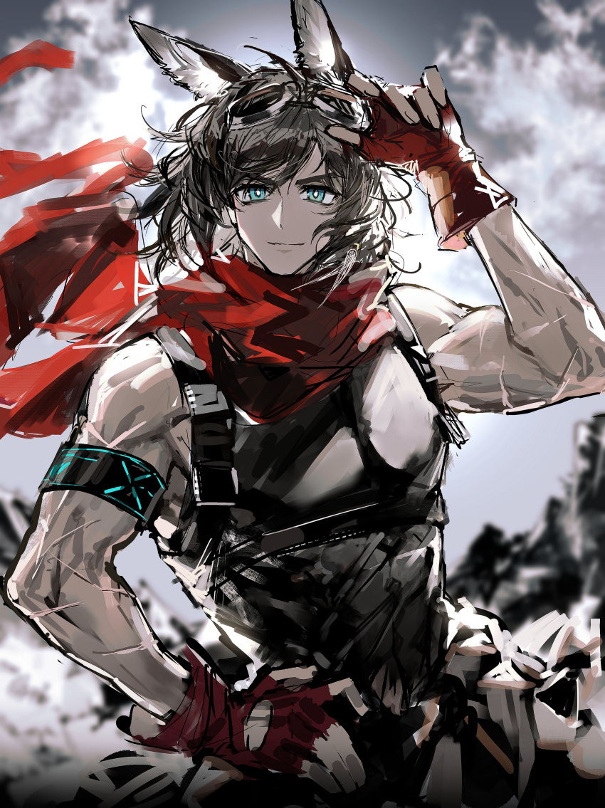 1boy absurdres animal_ears aqua_eyes arknights black_hair courier_(arknights) deer_boy deer_ears goggles goggles_on_head highres infection_monitor_(arknights) limited_palette long_scarf looking_at_viewer male_focus multiple_scars muscular muscular_male red_scarf remsrar scar scarf shirt short_hair sleeveless sleeveless_shirt solo