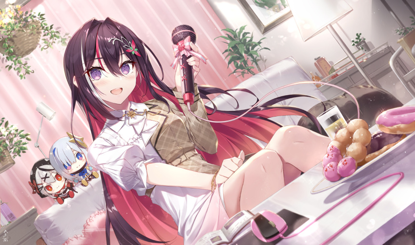 1girl :d amane_kanata amane_kanata_(1st_costume) asymmetrical_clothes azki_(4th_costume)_(hololive) azki_(hololive) black_hair blush brown_jacket character_doll commentary couch curtains doughnut dress floor_lamp food gabiran hair_between_eyes hair_intakes hair_ornament highres holding holding_microphone hololive indoors jacket long_hair long_sleeves looking_at_viewer microphone mouse_(computer) multicolored_hair on_couch pillow plate pon_de_ring puffy_short_sleeves puffy_sleeves purple_eyes red_hair sakamata_chloe sakamata_chloe_(1st_costume) short_sleeves sitting smile solo two-tone_hair very_long_hair virtual_youtuber white_dress x_hair_ornament