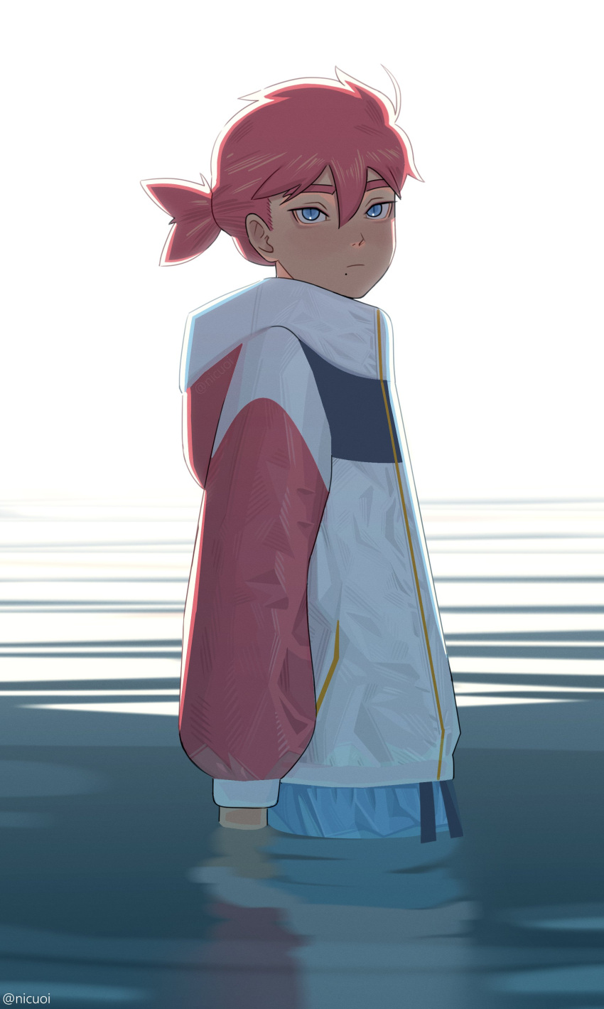 1boy absurdres blue_eyes commentary expressionless from_side highres jacket looking_at_viewer male_focus mole mole_under_mouth multicolored_clothes multicolored_jacket nicuoi original partially_submerged red_hair short_ponytail solo symbol-only_commentary twitter_username two-tone_jacket water white_jacket