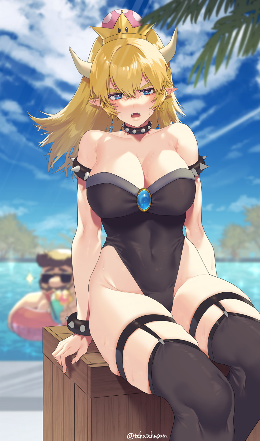 1boy 1girl armlet black_leotard black_thighhighs blonde_hair blue_eyes blue_gemstone blue_sky blush bowsette bracelet breasts cleavage cloud cloudy_sky collar commentary covered_navel crate cup day drink drinking_straw fangs feet_out_of_frame gem hair_between_eyes highleg highleg_leotard highres holding holding_cup horns innertube jewelry large_breasts leotard long_hair looking_at_viewer mario mario_(series) murata_tefu new_super_mario_bros._u_deluxe ocean open_mouth outdoors palm_tree pointy_ears ponytail scowl sitting skindentation sky solo_focus sparkle spiked_armlet spiked_bracelet spiked_collar spikes sunglasses super_crown sweat thick_eyebrows thigh_strap thighhighs tree twitter_username v-shaped_eyebrows