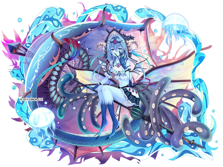 1girl 2013 arm_strap awakening_(sennen_sensou_aigis) blue_hair blue_skin colored_skin commentary company_name curled_horns demon_horns dot_nose fins fish_tail hair_between_eyes hair_intakes hair_ornament hand_on_own_face hat horns hydrokinesis jellyfish jewelry kisaragi_yuu_(kisaragiyu) looking_at_viewer medium_hair miniskirt monster_girl navel necklace official_art pleated_skirt seashell sennen_sensou_aigis shell shorts shorts_under_skirt simple_background sitting skirt smile solo stomach tachi-e tail tentacles umbrella vepar_(sennen_sensou_aigis) very_long_fingernails water webbed_hands white_background yellow_eyes