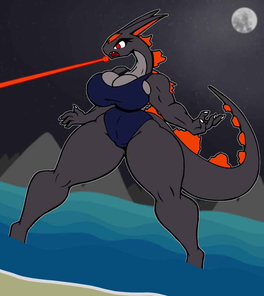 4_fingers angry anthro beach beam big_breasts blue_clothing blue_swimwear breasts clothing eyelashes female fingers grey_body hi_res kaiju light long_ears long_tail mature_female moon moonlight mountain muscular muscular_female nails night one-piece_swimsuit red_eyes sea seaside simple_background solo swimwear tail tall teeth water wide_hips z_dragon