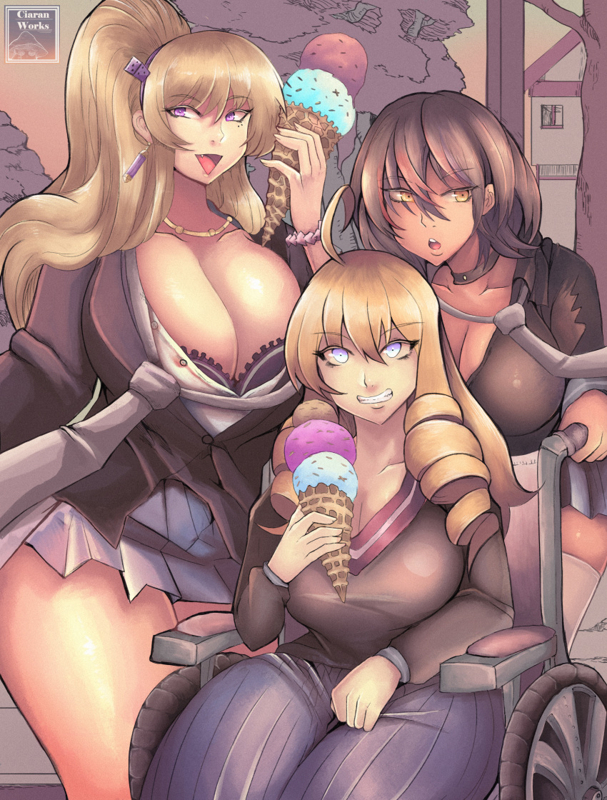 3girls absurdres artist_name blonde_hair borrowed_character breasts brown_hair ciaran cleavage commission drill_hair earrings food highres huge_breasts ice_cream jewelry large_breasts mole mole_under_eye multiple_girls original school_uniform side_drill single_earring wheelchair
