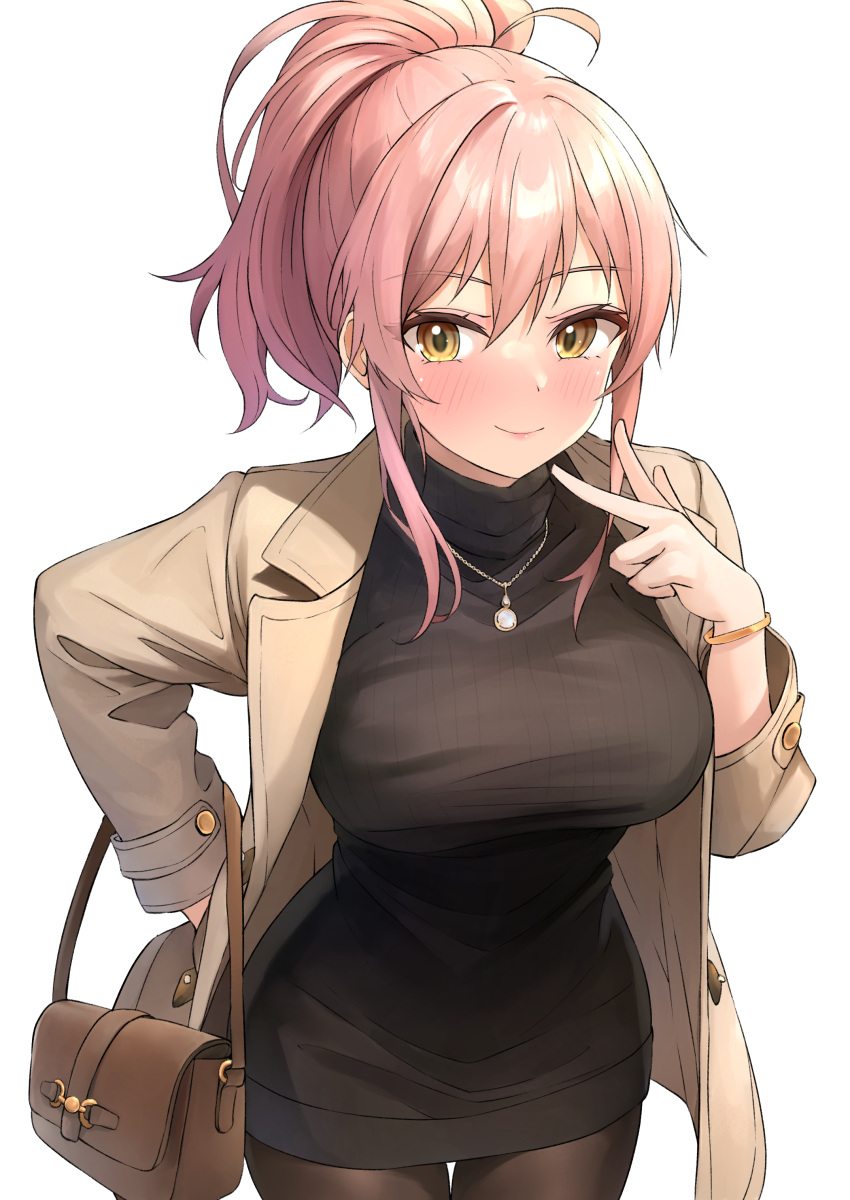 1girl absurdres alternate_costume b1ack_illust bag black_dress black_pantyhose blush bracelet breasts brown_jacket dress hand_in_pocket handbag highres idolmaster idolmaster_cinderella_girls jacket jewelry jougasaki_mika large_breasts looking_at_viewer pantyhose pink_hair ponytail sidelocks simple_background smile solo sweater sweater_dress w white_background yellow_eyes