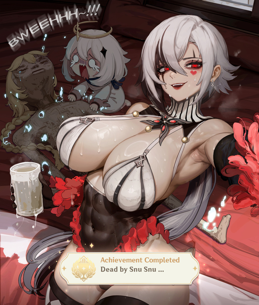 1boy 2girls aether_(genshin_impact) alternate_breast_size arlecchino_(genshin_impact) armpits asymmetrical_hair bare_shoulders bed blonde_hair breasts clothed_female_nude_male covered_abs covered_navel crying crying_with_eyes_open cup disintegration drinking_glass elbow_gloves eyelashes facial_mark gameplay_mechanics genshin_impact gloves grey_hair guy_tired_after_sex_(meme) hair_between_eyes half-closed_eyes halo highleg highleg_leotard highres holding holding_cup huge_breasts indoors kinohara_kossuta leotard lipstick long_bangs looking_at_viewer makeup meme mexico_ufo_alien_bodies_hearing_(meme) multicolored_hair multiple_girls nude on_bed open_mouth paid_reward_available paimon_(genshin_impact) parted_bangs red_eyes shiny_skin short_hair skindentation smile solo_focus steaming_body sweat symbol-shaped_pupils tears turtleneck two-tone_hair unhappy white_hair x-shaped_pupils x_x