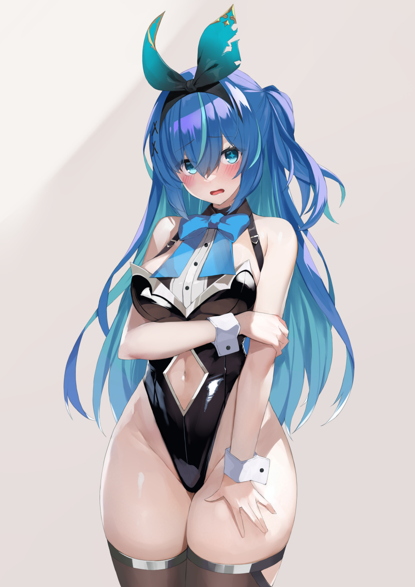 1girl absurdres bare_arms bare_shoulders black_leotard blue_eyes blue_hair bow bowtie breast_hold breasts brown_thighhighs clothing_cutout cowboy_shot hair_ribbon hand_on_own_thigh highleg highleg_leotard highres leotard long_hair looking_at_viewer medium_breasts nakamura_nagare navel navel_cutout one_side_up open_mouth original playboy_bunny ribbon simple_background solo standing stomach strapless strapless_leotard thighhighs thighs white_background wrist_cuffs