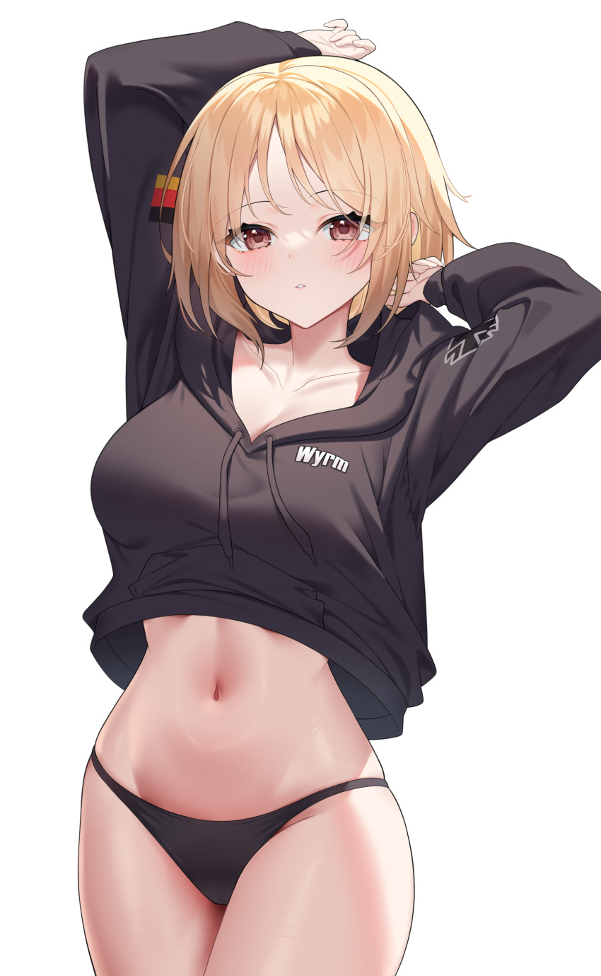 1girl absurdres arm_up blonde_hair blush breasts brown_eyes cameltoe cleavage collarbone commission english_text eyes_visible_through_hair german_flag girls'_frontline grey_hoodie hand_up highres hood hood_down hoodie large_breasts medium_hair midriff mp40_(girls'_frontline) navel non-web_source parted_lips revision rynzfrancis simple_background skindentation solo upper_body white_background