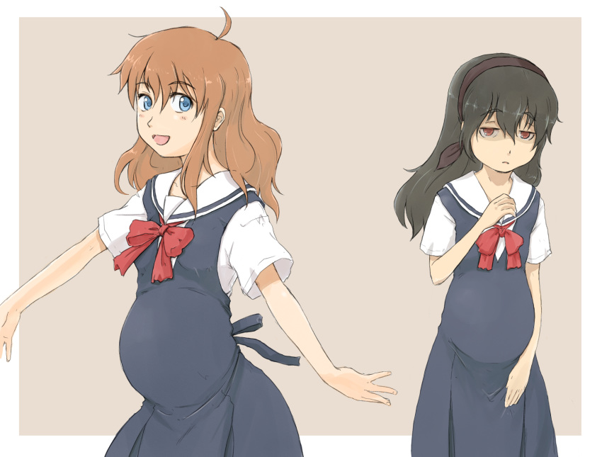 2girls big_belly black_hair blue_eyes brown_hair hairband highres looking_at_viewer multiple_girls mutou_youshun neckerchief open_mouth orange_eyes original pregnant sailor_collar school_uniform serafuku sharp_teeth smile standing teeth walking