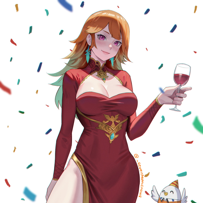 1girl blush breasts cleavage cleavage_cutout clothing_cutout confetti cup dress earrings gem glass gold_trim gradient_hair green_eyes hat high_collar highres holding holding_cup hololive hololive_english jewelry kfp_employee_(takanashi_kiara) large_breasts long_dress long_hair long_sleeves looking_at_viewer multicolored_hair orange_hair party_hat pink_eyes red_dress seventeencrows sidelocks solo takanashi_kiara twitter_username virtual_youtuber