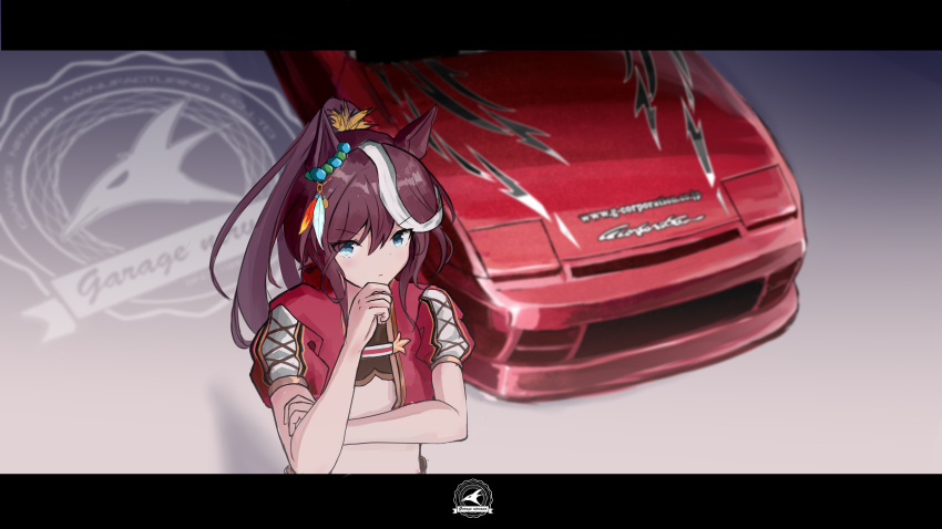 1girl absurdres animal_ears blue_eyes brown_hair car crop_top ground_vehicle hand_on_own_chin high_ponytail highres horse_ears horse_girl long_hair looking_at_viewer midriff motor_vehicle multicolored_hair nissan nissan_180sx ponytail run_rotary short_hair solo sports_car streaked_hair stroking_own_chin tokai_teio_(umamusume) two-tone_hair umamusume upper_body vehicle_focus white_hair